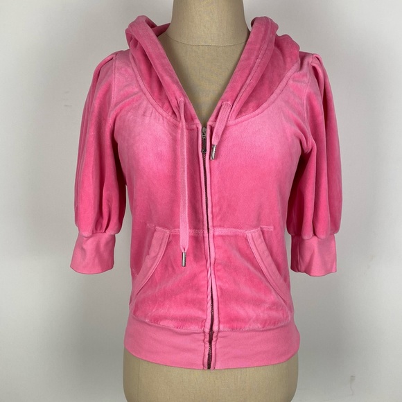Juicy Couture Tops - Juicy Couture Pink Velour Short Sleeve Zip Up